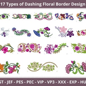 May include: 17 different floral border designs for embroidery. The designs feature a variety of flowers, leaves, and vines in different colours, including pink, purple, blue, green, and orange.