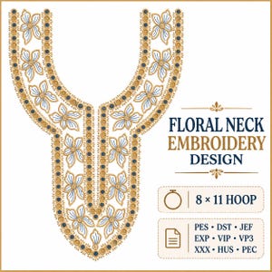 Floral neckline machine embroidery design 8 x 11 inch embroidery hoop, for kurtis, dresses, tunics, and ethnic wear.