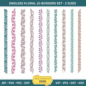 May include: A set of ten floral border designs in various colors, including teal, pink, and beige. The borders feature detailed floral and leaf patterns. The image includes the text "ENDLESS FLORAL 10 BORDERS SET - 2 SIZES" and "New Collection 2026".
