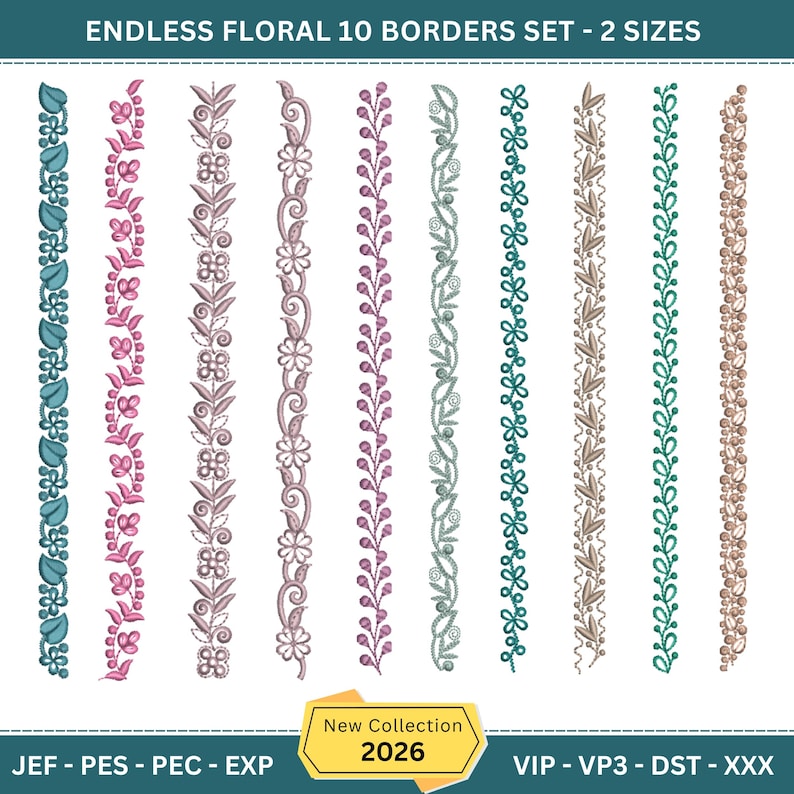 Floral Border Machine Embroidery Designs | Continuous Repeat, 7 & 11 ...