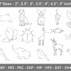 Könnte beinhalten: Line-Art-Tierdesigns, darunter ein Kaninchen, ein Hund, eine Katze, eine Taube, ein Flamingo, ein Schmetterling, ein Käfer, eine Giraffe, ein Fisch, ein Hirsch, eine Libelle, ein Delfin, ein Elefant, ein Vogel und eine Eidechse. Größen von 5 cm bis 12,7 cm.