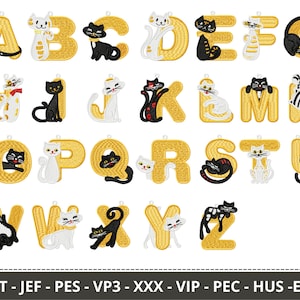 Alphabet With Cat Embroidery Designs - Font With Black and White Cat Machine Embroidery Pattern – Instant Download