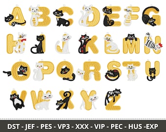 Alphabet With Cat Embroidery Designs - Font With Black and White Cat Machine Embroidery Pattern – Instant Download