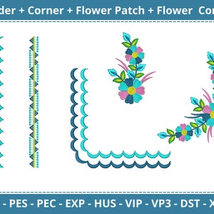 May include: A set of embroidery designs featuring a blue and teal scalloped border, a corner design, and two flower corner designs with pink and blue flowers.