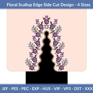 Puede incluir: Un diseño de corte lateral con borde festoneado floral con flores moradas y rosas sobre un fondo rosa claro. El diseño está disponible en cuatro tamaños. Se incluyen los formatos de archivo JEF, PES, PEC, EXP, HUS, VIP, VP3, DST y XXX.