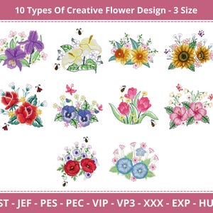 Botanical Vibrant Flower Machine Embroidery Designs, 3 Sizes Each, Instant Download