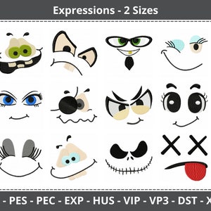 Funny Face Expressions Embroidery Design Bundle – 15 Cartoon Eyes & Mouths in 2 Sizes – Emoji Style Machine Embroidery