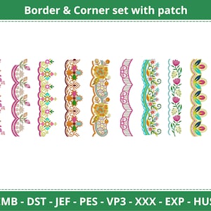 Può includere: Un set di otto bordi e angoli ricamati colorati con motivi floreali e geometrici. I disegni sono perfetti per aggiungere un tocco di eleganza a qualsiasi progetto.
