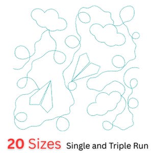 May include: A white background features a teal-colored, stitched design of paper airplanes, clouds, and looping lines. The text "20 Sizes" in red is at the bottom left, with "Single and Triple Run" in black text to the right.