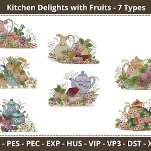 Op de afbeelding: Zeven borduurmotieven met een theepot en fruit. Elk motief heeft een andere fruitcombinatie, waaronder appels, peren, druiven en watermeloen. De motieven zijn in vintage stijl met een bloemige achtergrond.