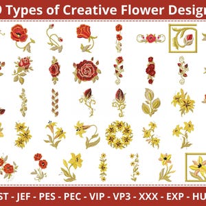 May include: 39 embroidery designs featuring red and yellow flowers. The designs are in a variety of styles, including traditional, modern, and whimsical.  DST - JEF - PES - PEC - VIP - VP3 - XXX - EXP - HUS