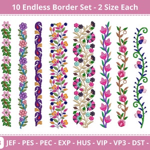 Diseños de bordado a máquina con borde floral - Patrón de borde floral infinito - 10 bordes - 2 tamaños - Archivo EMB - Descarga instantánea
