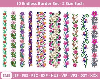 Flower Border Machine Embroidery Designs - Floral endless embroidery border pattern - 10 Border - 2 Sizes - EMB File - Instant Download