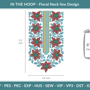Weihnachts-Stil Blumen Ausschnitt Stickdatei - Stickmuster für eine Kurti oder eine festliche Tunika - sofort Download