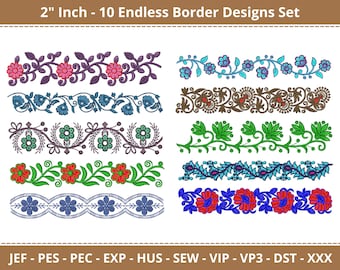 Endless Machine Embroidery Floral Border Designs - 10 Designs Set - Instant Download