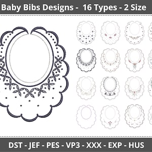 Puede incluir: Imagen que muestra 16 diseños diferentes de baberos para bebés. Cada babero presenta un borde festoneado y un centro ovalado, con varios patrones bordados. Los diseños incluyen detalles florales, geométricos y de encaje. El texto "Baby Bibs Designs - 16 Types - 2 Size" es visible.