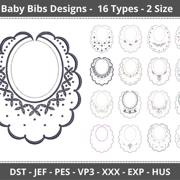 Baby Bibs Embroidery Design - Machine Embroidery Pattern – 16 Types -  2 Size – Instant Download