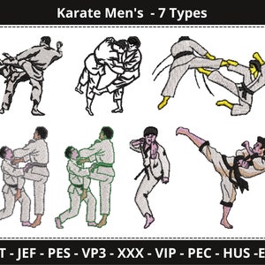 May include: Seven different karate poses, illustrated in black and white, with the text "Karate Men's - 7 Types" at the top and "DST - JEF - PES - VP3 - XXX - VIP - PEC - HUS - EXP" at the bottom.
