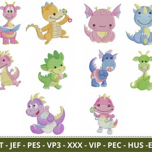 Baby Dinosaur Embroidery Designs - Little Dino Machine Embroidery Pattern – 10 Types – 4" inch Size - 4x4 Hoops - Instant Download