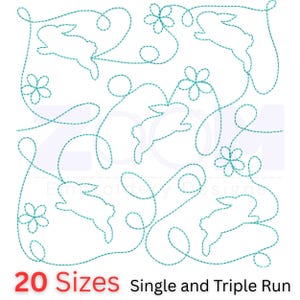 Könnte beinhalten: Ein digitales Stickmuster mit einem sich wiederholenden Muster aus laufenden Hasen, Blumen und wirbelnden Linien in Türkis. Der Text unten lautet "20 Größen Single and Triple Run".
