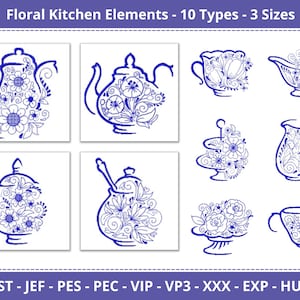 Puede incluir: Diez elementos de cocina florales diferentes en tres tamaños, incluyendo teteras, azucareros, jarras de crema y tazas. Los diseños están en un esquema de color azul y blanco con intrincados patrones florales.