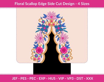 Colorful Floral Scallop Edge Embroidery Design – Side Cut Border – 4 Sizes – Machine Embroidery Instant Download