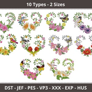 Desenhos de bordado à máquina com moldura de coração floral - Padrão de bordado à máquina com corações de flores de pássaros - 10 tipos - 2 tamanhos - Download instantâneo