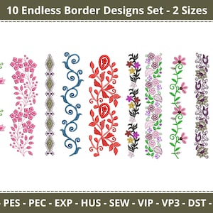 May include: Set of 10 embroidery designs for endless borders. The designs feature a variety of floral and geometric patterns in different colours, including pink, blue, red, green, and purple.  JEF - PES - PEC - EXP - HUS - SEW - VIP - VP3 - DST - XXX