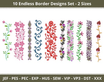 10 Endless Embroidery Border Designs Bundle - Flower Embroidery Border pattern - 2 Sizes - Instant Download