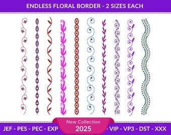 Minimalist Border Embroidery Design Pack, Floral & Decorative Border Embroidery Designs – Seamless Patterns – 2 Sizes – Instant Download