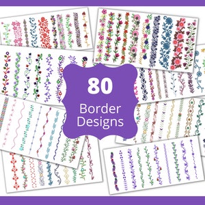 Könnte beinhalten: Eine Sammlung von 80 Stickmustern für Bordüren. Die Designs zeigen eine Vielzahl von floralen, geometrischen und abstrakten Mustern in verschiedenen Farben.