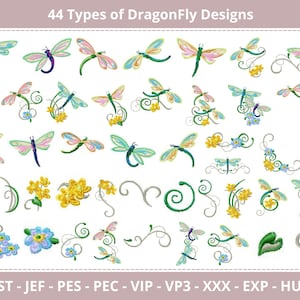 May include: 44 different embroidery designs of dragonflies with various floral elements. The designs include dragonflies in different colors, including blue, green, yellow, and pink, and floral elements such as forget-me-nots and yellow flowers.