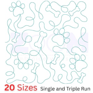 May include: An embroidered design featuring paw prints and dog bones connected by wavy lines, in a repeating pattern. The text "20 Sizes" is in red, and "Single and Triple Run" is in black.