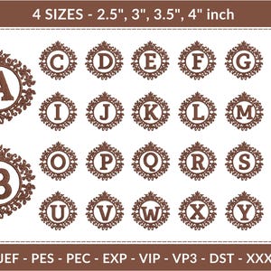 Diseños de bordado a máquina con marco de monograma vintage ornamentado - 4 tamaños (2,5", 3", 3,5", 4") - Fuente de letra elegante