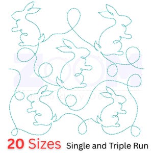 Könnte beinhalten: Ein Muster aus türkisfarbenen Hasen-Umrissen auf weißem Hintergrund. Der Text "20 Größen" ist rot, und "Single and Triple Run" ist schwarz. Geeignet für Stick- oder Quiltprojekte.