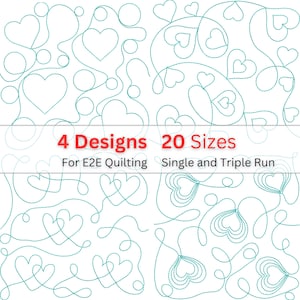 Diseños de acolchado de corazón de borde a borde / 4 patrones de corazón de línea continua en 20 tamaños / Ejecución simple y triple de extremo a extremo / Acolchado de amor y San Valentín