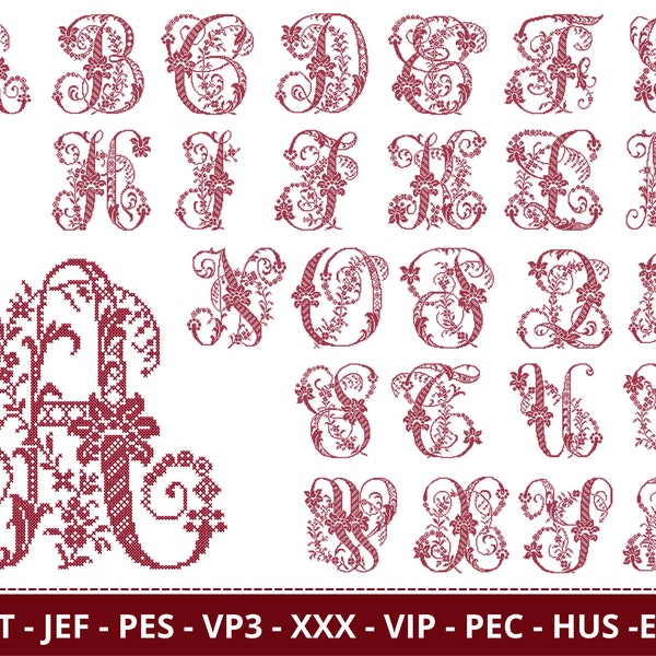 Motifs de broderie Machine lettres florales - police de caractères - monogramme - chiffres - alphabets - motif de broderie Machine - téléchargement immédiat