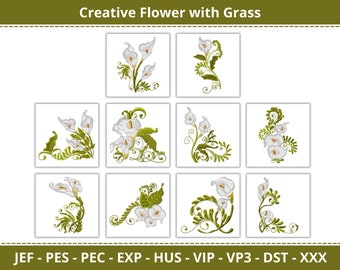 Creative Flower with Grass - Embroidery Design - Instant Download