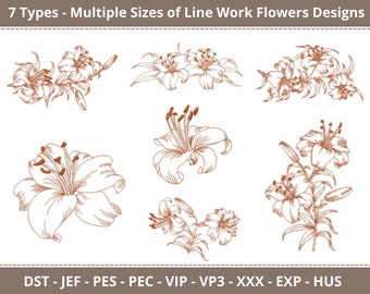 Delicate Line Art Floral Embroidery Designs – 7 Types of Flowers in Multiple Sizes – Digital Download for Machine Embroidery