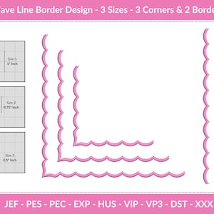 May include: Pink wave line border design in three sizes: 1 inch, 0.75 inch, and 0.5 inch. Includes three corners and two borders. The design is displayed in a grid and as a corner and straight line.