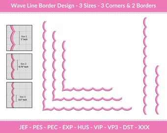 Wave line Border Embroidery Design Set – Endless pattern - 3 Wave Size with 3 Size of Corner and 2 Size of Border - Edge Cutwork Border