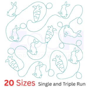 May include: A repeating pattern of teal embroidered bunnies and carrots on a white background. The design includes the text "20 Sizes Single and Triple Run" in red and black.