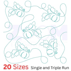 May include: An embroidered design featuring pumpkins with leaves and vines in a teal colour. The text "20 Sizes" is in red, and "Single and Triple Run" is in black.