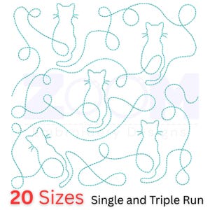 Pode incluir: Um fundo branco apresenta um padrão de contornos de gatos turquesa com linhas onduladas. O texto "20 Sizes" é vermelho e "Single and Triple Run" é preto. O design é para bordado.