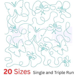 May include: A teal-colored embroidered design featuring butterflies, bees, and flowers. The design includes the text "20 Sizes" in red and "Single and Triple Run" in black. The design is on a white background.