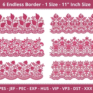 Może przedstawiać: Sześć różowych wzorów haftu kwiatowego do haftu maszynowego. Każdy wzór ma 11 cali szerokości i można go użyć do stworzenia nieskończonych obramowań.