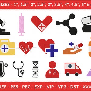 Medical & Healthcare Icons Embroidery Design Set – 18 Doctor Nurse Hospital Symbols in 9 Sizes – Instant Download