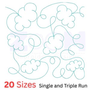 Peut inclure: Motif de broderie numérique avec des nuages turquoise et des lignes fluides. Le texte "20 Tailles" est en rouge et "Single and Triple Run" en noir. Idéal pour la broderie machine.