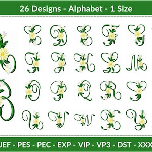 Diseños de bordado de alfabeto floral: 26 letras de monograma, 1 tamaño, fuente elegante Daisy, archivos de descarga instantánea