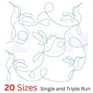 Könnte beinhalten: Ein digitales Stickdesign mit mehreren tealfarbenen Kolibri-Umrissen auf weißem Hintergrund. Das Design enthält den Text "20 Größen" in Rot und "Single and Triple Run" in Schwarz.